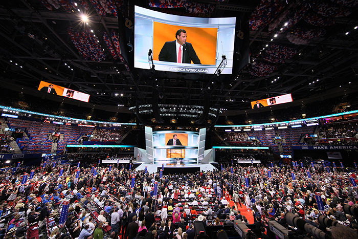 Delegates react during the roll call vote on the second day of the Republican National Convention on July 19 at Quicken Loans Arena in Cleveland.