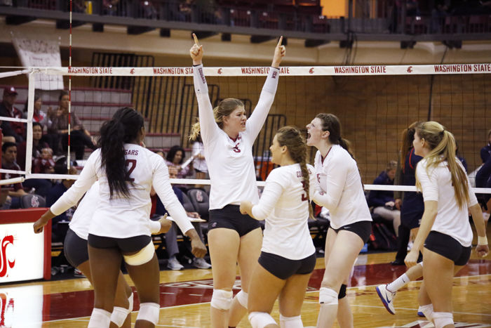 Sophomore+outside+hitter+Mckenna+Woodford+%285%29+celebrates+a+point+scored+in+its+match+against+Arizona+on+Nov.+13.