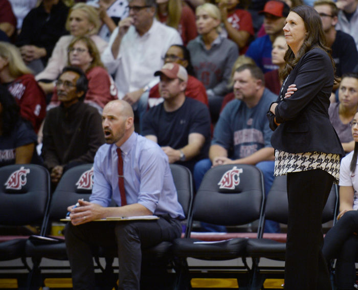 Volleyball Head Coach Jen Greeny looks at the scoreboard in a game against Stanford on Sept. 30. 