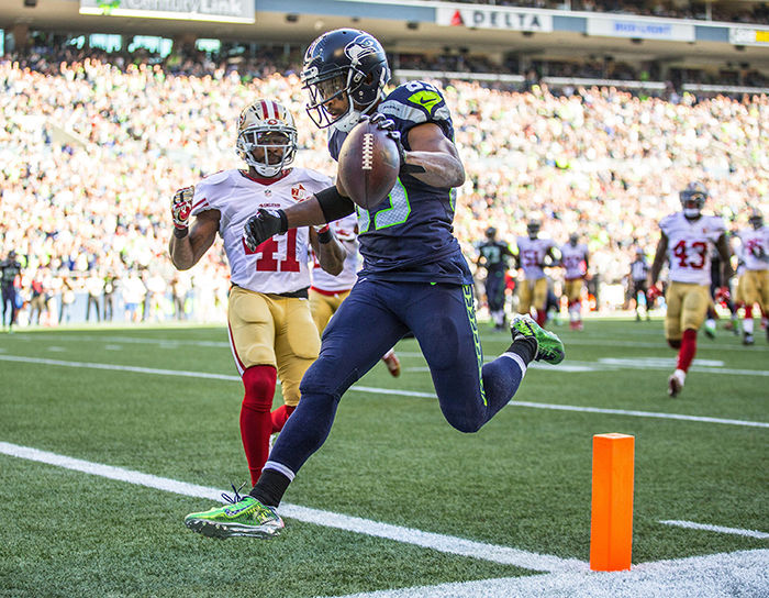 Seattle Seahawks Doug Baldwin scores on a 16-yard pass from Trevone Boykin in the fourth quarter against the 49ers on Sept. 25.