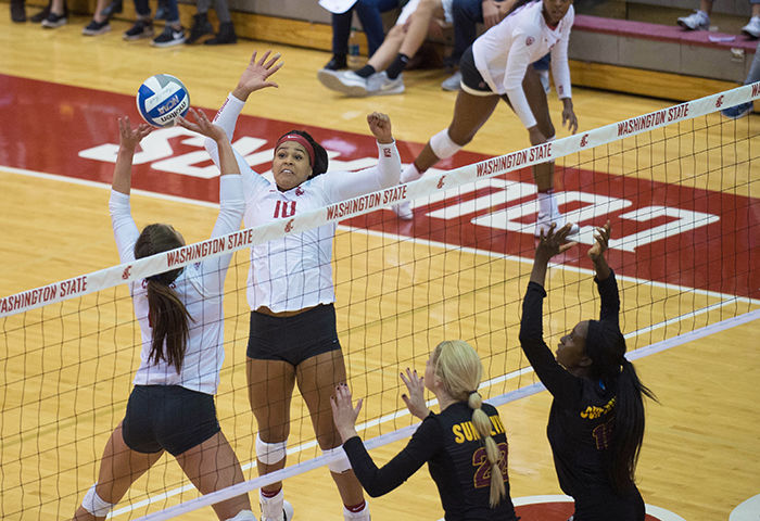 WSU sophomore middle blocker Taylor Mims looks for a kill against Arizona State University in a match played on Nov. 11.