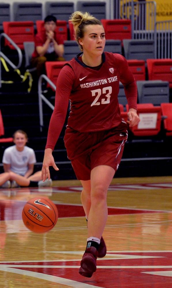 Sophomore guard Alexys Swedlund dribbles toward center court. 