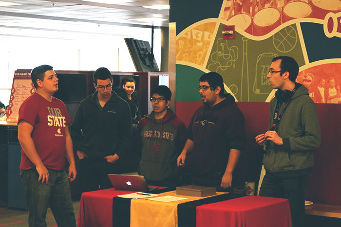 From left to right, Vice President Zachariah Barnes, Nathan Salyer, Marcelo Martinez, secretary/treasurer Rick Flores and social chair William Methner sing in the CUB on Tuesday to advertise Phi Mu Alpha’s ‘Hire a Serenade’ event.