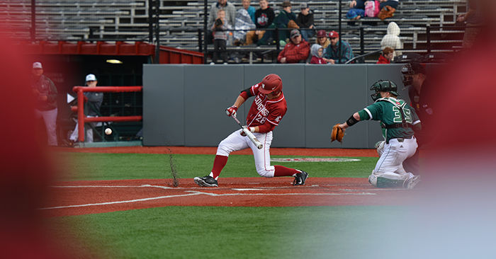 Junior infielder Shane Matheny attempts a bunt against Utah Valley on March 5, 2016. 