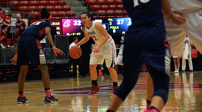 Junior guard Pinelopi Pavlopoulou stares down a defender in a game against Arizona on Feb. 12.