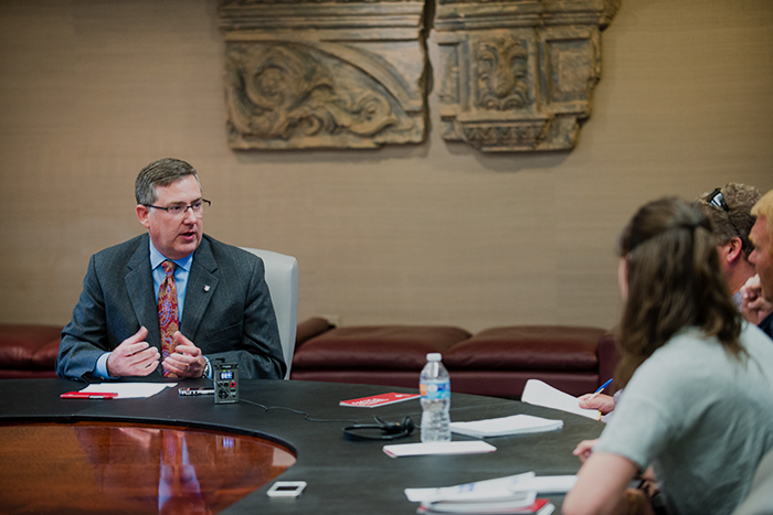 WSU President Kirk Schulz answers questions from students and audience members during a press conference on Aug. 22, 2016.