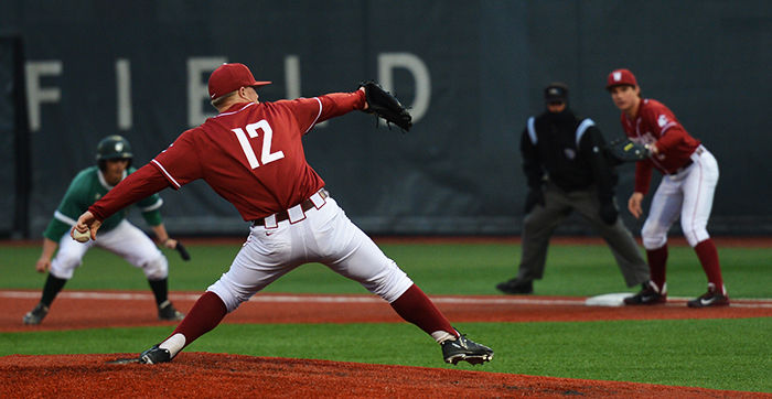 WSU+senior+left-hander+Trenton+Dupre+delivers+a+pitch+against+Utah+Valley+University+in+a+game+on+March+5%2C+2016%2C+at+Bailey-Brayton+Field.