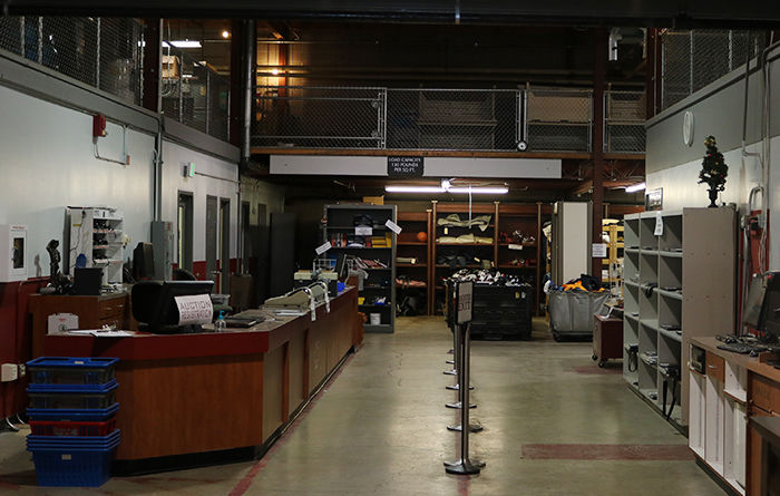 Counters inside of the WSU Surplus store.