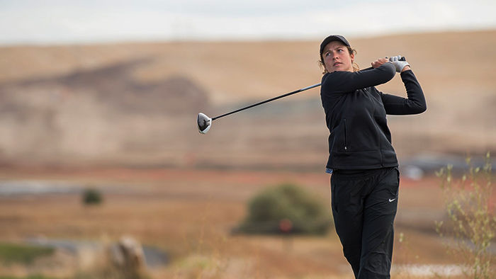 Junior Alivia Brown tees off in the Cougar Cup on Sept. 19 at Palouse ridge Golf Course.