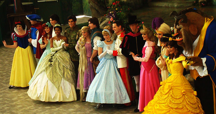 Disney prince and princess pairings gathering at Disneyland Park on Feb. 14, 2012 in Anaheim, California.