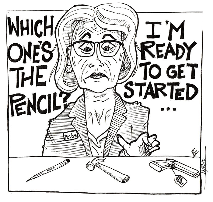 Inspired by one of Betsy DeVos’ tweets, which reads “Day 1 on the job is done, but we’re only getting started. Now where do I find the pencils? :)”