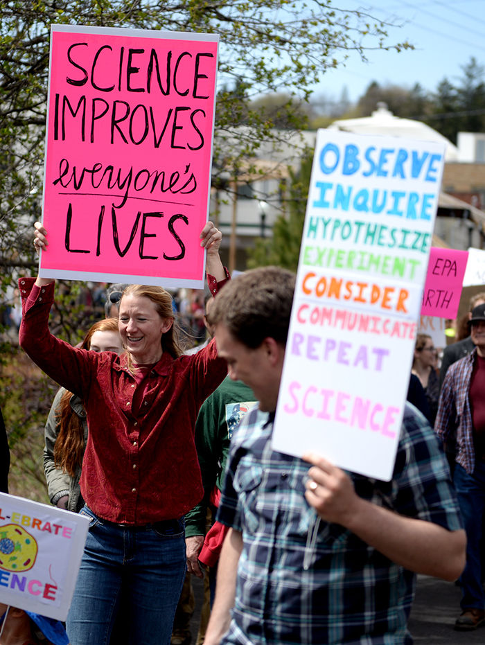 Demonstrators+at+the+March+for+Science+cheered+hey+hey%2C+ho+ho%2C+alternative+facts+have+got+to+go+on+Saturday+while+marching+from+downtown+Pullman+to+Reaney+Park.