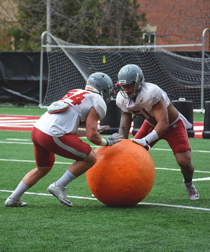WSU linebackers face off during spring practice on April 13.