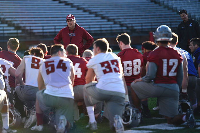 WSU Head Coach Mike Leach addresses the team after their first spring practice on March 23.