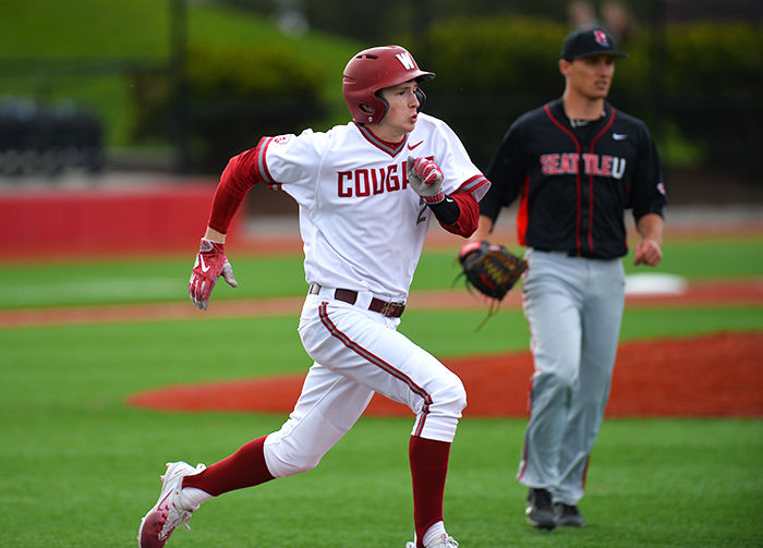 Freshman utility Danny Sinatro runs to first base in a game against Seattle University on April 19.