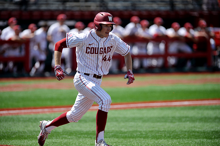 Then-junior+first+baseman+Wyatt+Segle+runs+to+first+base+in+a+game+against+Stanford+on+May+27%2C+2017+at+Bailey-Brayton+Field.+WSU+lost+15-1.