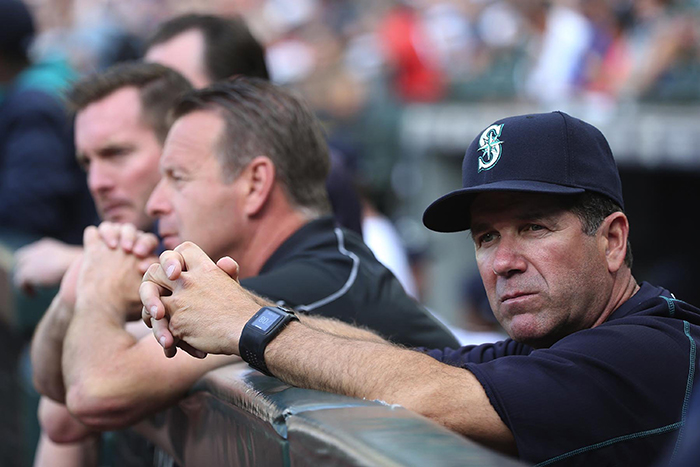 Edgar Martinez, the Seattle Mariners’ hitting coach, watches the field before the action against the Kansas City Royals on June 23, 2015 at Safeco Field in Seattle.