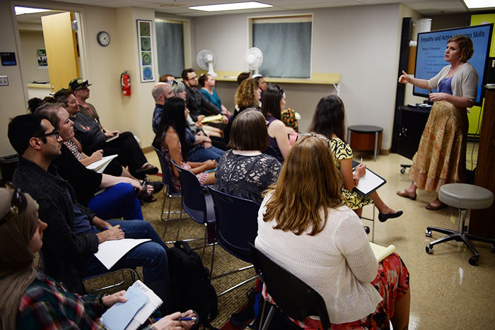 WSU health educator Sara Wynne teaches students and staff about using empathy and active listening skills for mental crises Tuesday in the Washington Building, Room G41.