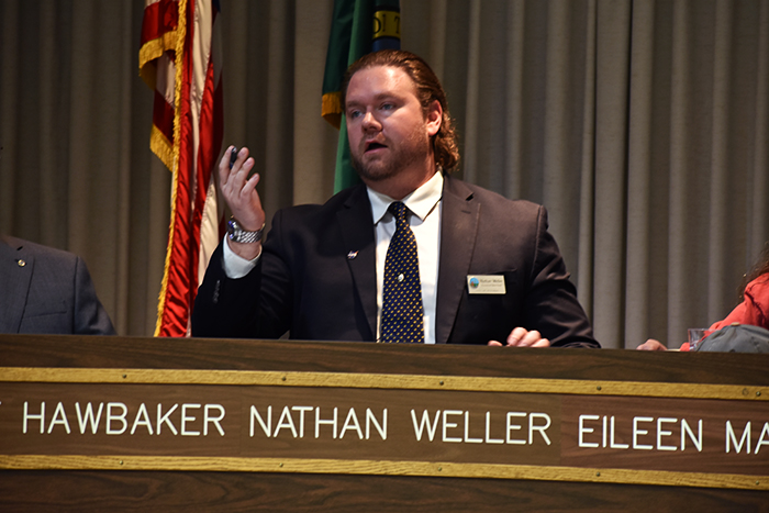 City+Council+member+Nathan+Weller+speaks+at+a+council+meeting+May+16+at+City+Hall.