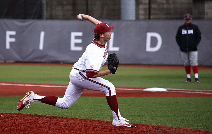 Then redshirt junior left-hander Damon Jones pitches in a game against Cal State Northridge on March 25, 2017 at Bailey-Brayton Field in Pullman. 