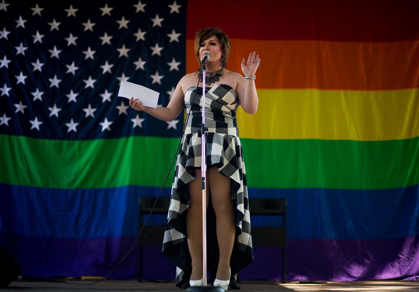 Aquasha DeLusty, a pride march leader, speaks about progress and setbacks the LGBTQ community has made in the U.S. before introducing other speakers on to the stage Saturday at the Palouse Pride Festival in Moscow.