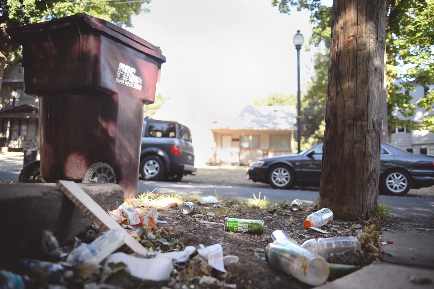 Trash litters the sidewalks and yards of Greek houses and live outs during the first week of class.