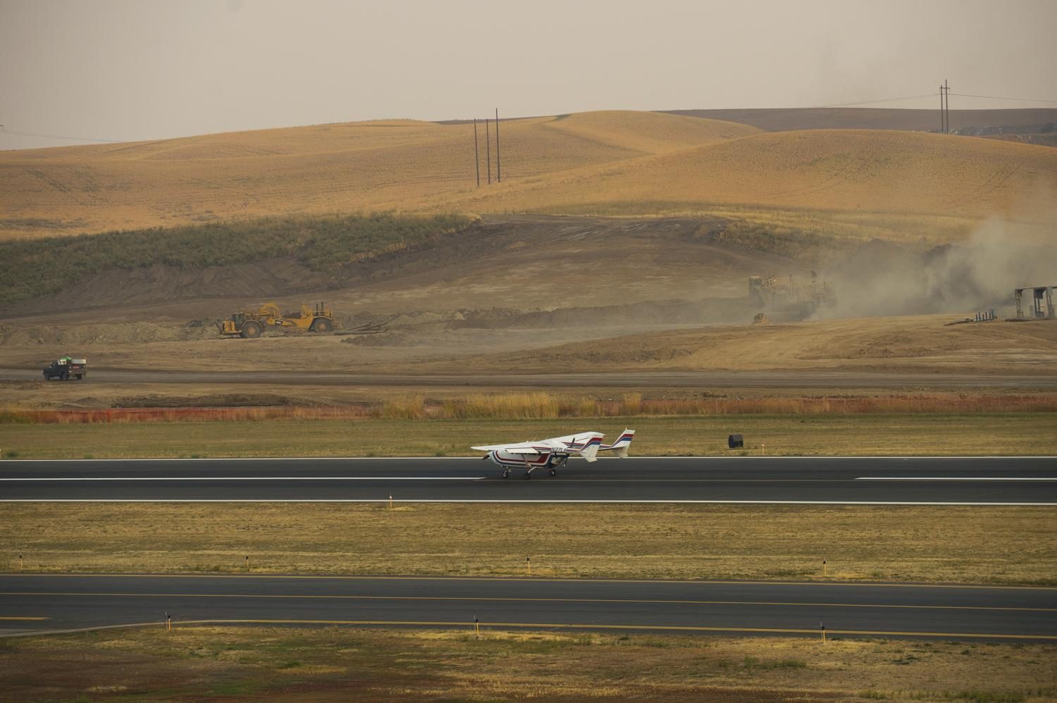 A small plane lands while construction continues on Monday, the 28th, at Pullman-Moscow Regional Airport.