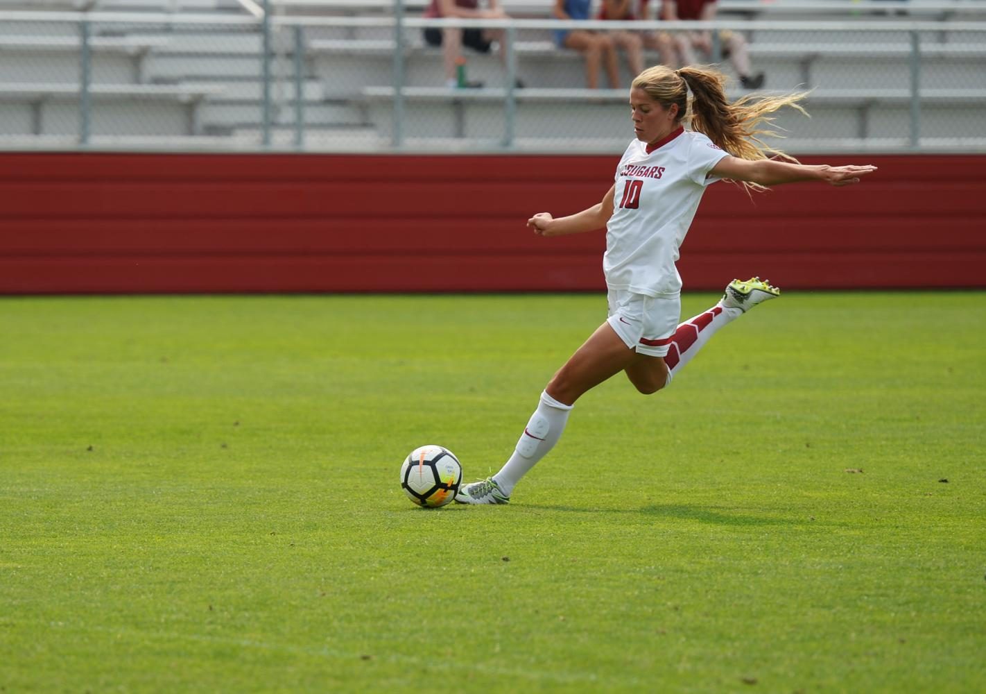 Forward Brianna Alger takes a shot on frame during the Cougar Classic Tournament Washington State hosted.