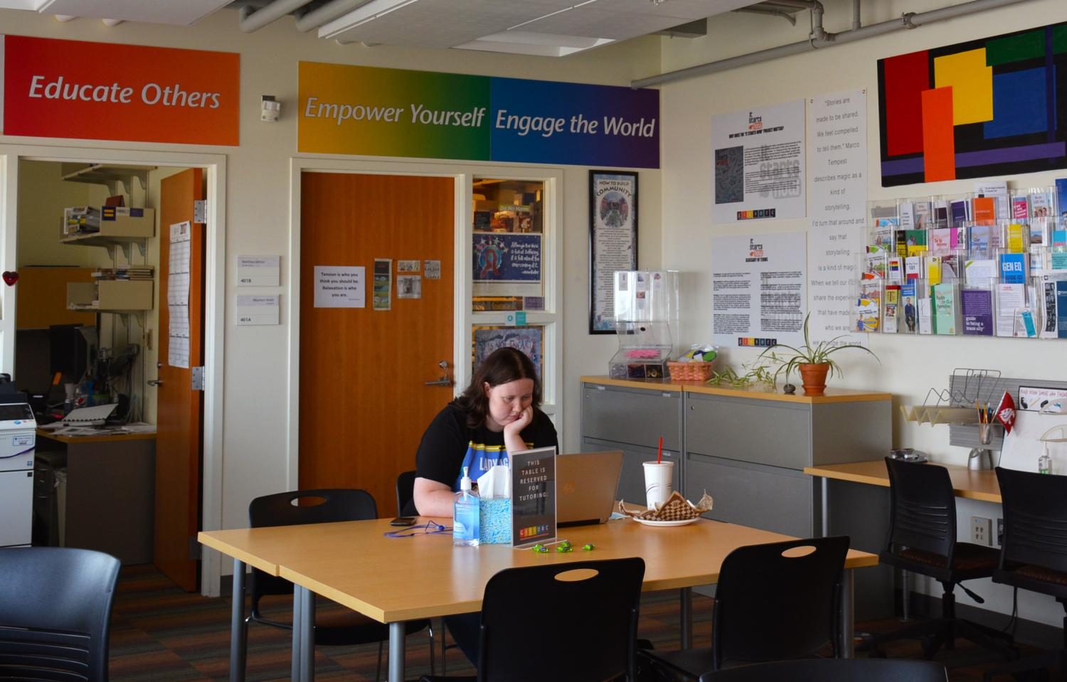 Emily Parker, a transfer Junior student majoring in Animal Science, studying in GIESORC office on CUB 4th floor.