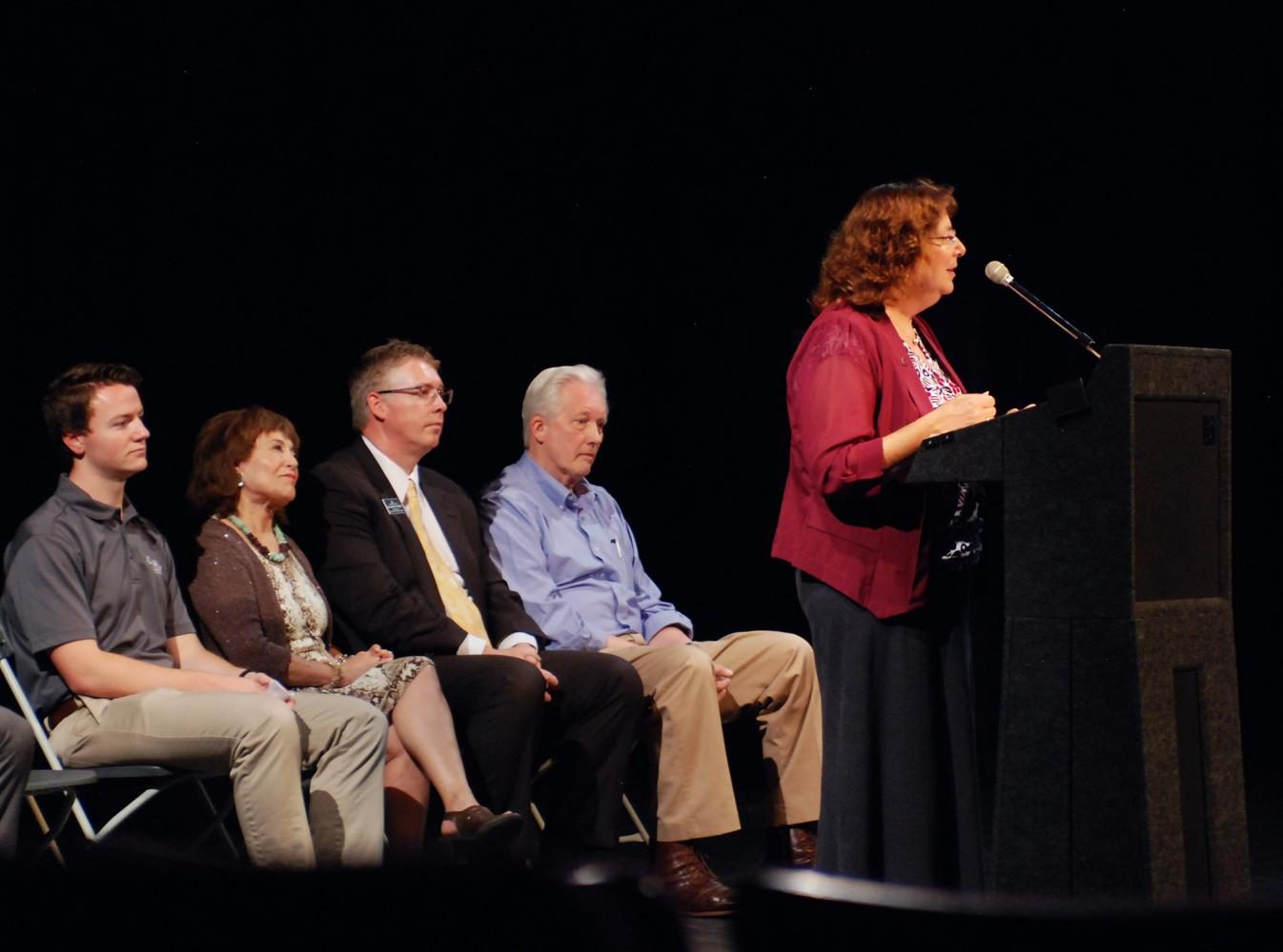 Erica Austin, Vice Porovost for Academic Affairs, relays a speech with the audience regarding a new campus location for Spokane Falls Community College at the WSU Pullman campus on Thursday September 7th in the Wadleigh Theatre. 