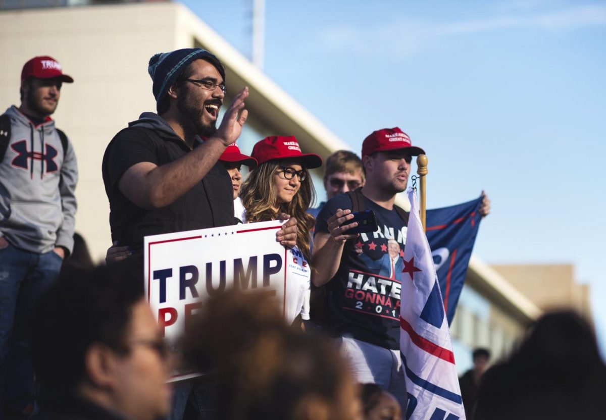 James Allsup, members of the College Republicans and counter protesters converge on the steps of the CUB during the protest after the presidential election on November 9, 2016.