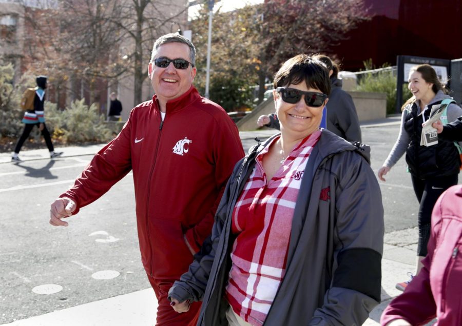 President Kirk Schulz and wife Noel join students in the Exercise is Medicine On Campus walk on Monday.  The event kicked off Exercise is Medicine Week at WSU.