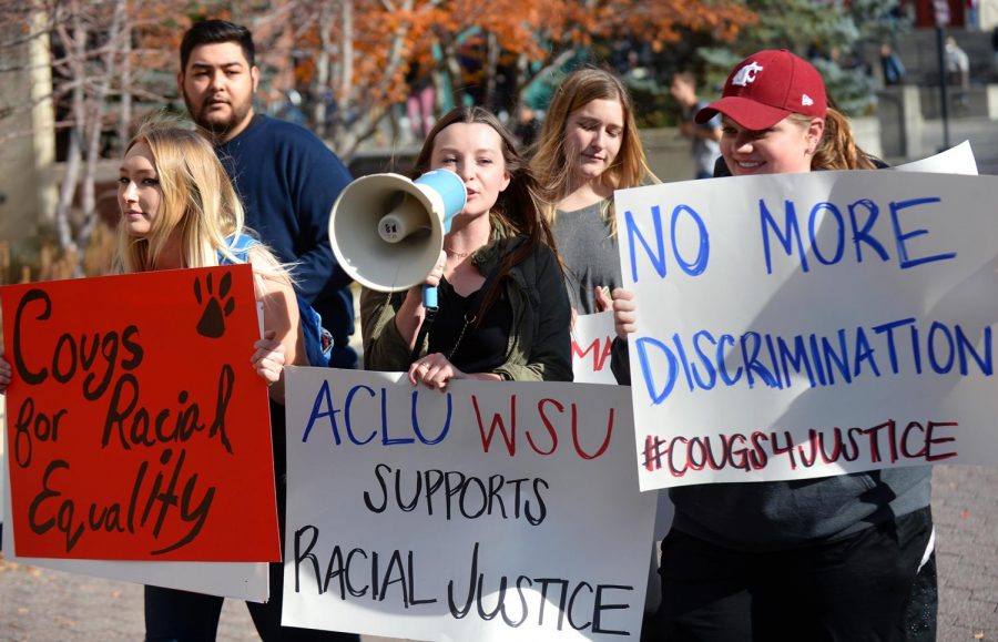 michael linder | the daily evergreen
President of WSU ACLU, Rachel Oliver, leads a march against racial inequality Wednesday 
on the Glenn Terrell Friendship Mall.