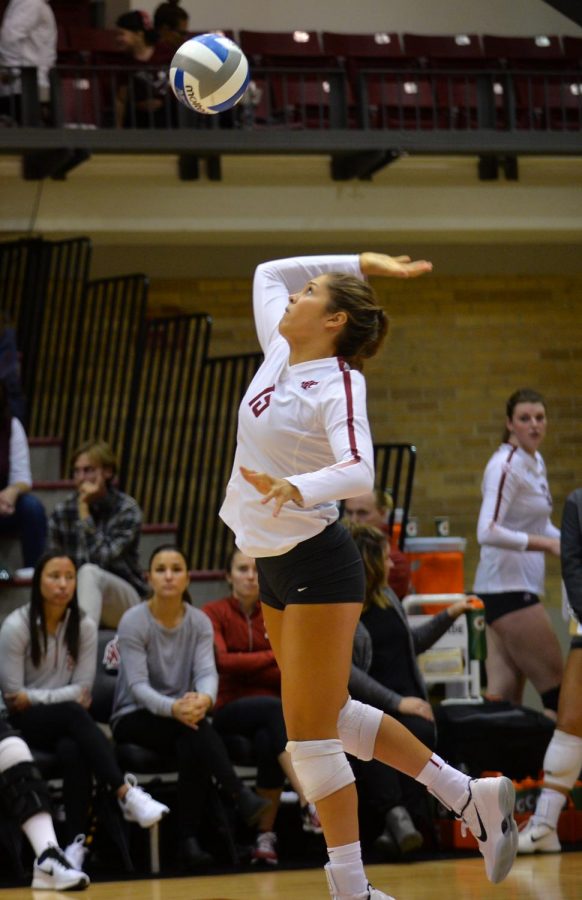 Sophomore setter Ashley Brown serves to OSU during an Oct. 15 match.