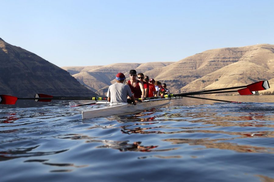 WSU Men’s Crew varsity members mix with the novice rowers to teach them during an evening practice on the Snake River. 
The team will return to the Snake River on Friday.