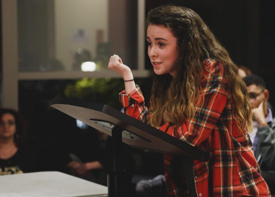 President of Stage, a Performing Arts club on campus, Aryn Allen voices her stance on preventing the discontinuation of the group at the ASWSU Senate meeting Wednesday.