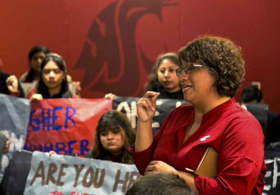 Mary+Jo+Gonzales%2C+vice+president+of+Student+Affairs%2C+speaks+to+ASWSU+about+the+school%E2%80%99s+current+financial+situation+as+students+protest+program+defunding+and+staff+cuts.