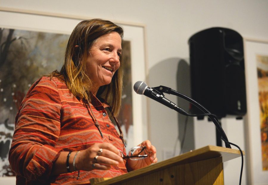 Author Pam Houston, reads some of her work to the gathered WSU students and faculty during the Visiting Writers Series Monday at the WSU Museum of Art.