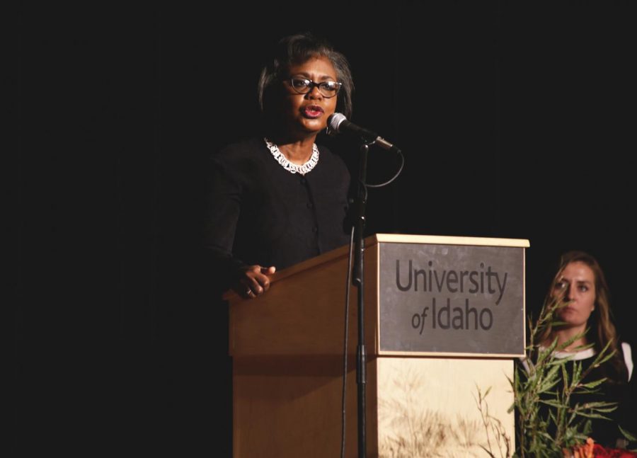 U.S. Attorney and women’s rights icon Anita Hill speaks about sexual harassment cases within 
the judicial system on Wednesday at the University of Idaho.