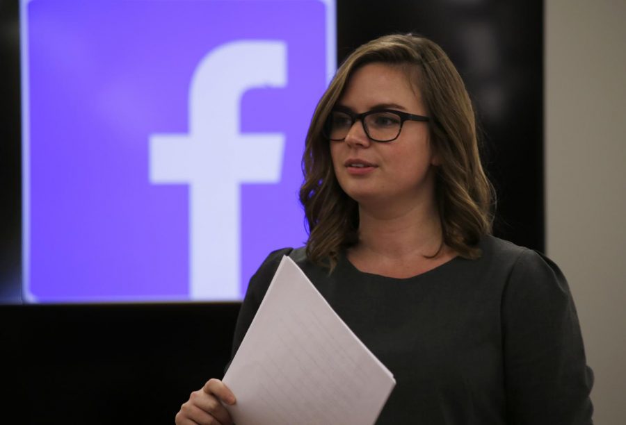 Doctoral candidate Lucy Johnson presents on social media surveillance and privacy Tuesday.
