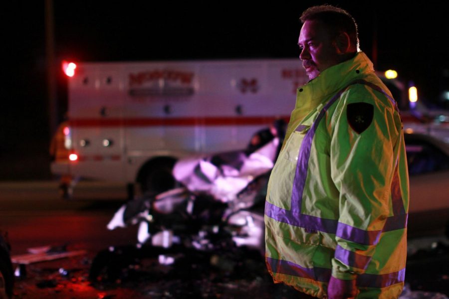 Dan Carscallen, battalion Chief and EMT with the Moscow Volunteer Fire Department, explains the damage sustained to the two vehicles in the accident Sunday night. 