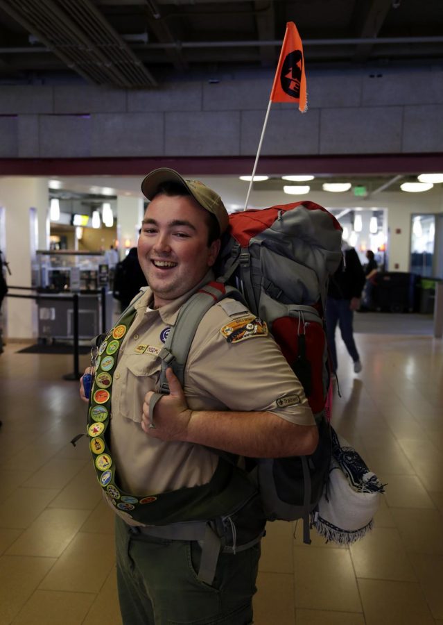 Sophomore Bryce Dale dresses up as Russell from the Disney movie Up for Halloween on Tuesday. Bryce said that he already is a boyscout so he had the outfit, and his friends convinced him to dress up this year.