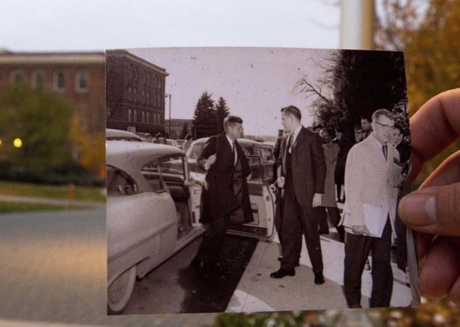 Then+Democratic+presidential+candidate+John+F.+Kennedy+exits+a+car+outside+of+Bryan+Hall+looking+south+down+Library+Road+toward+College+Hall%2C+in+this+photo+taken+Feb.+11%2C+1960+from+WSU+Publication+Office.