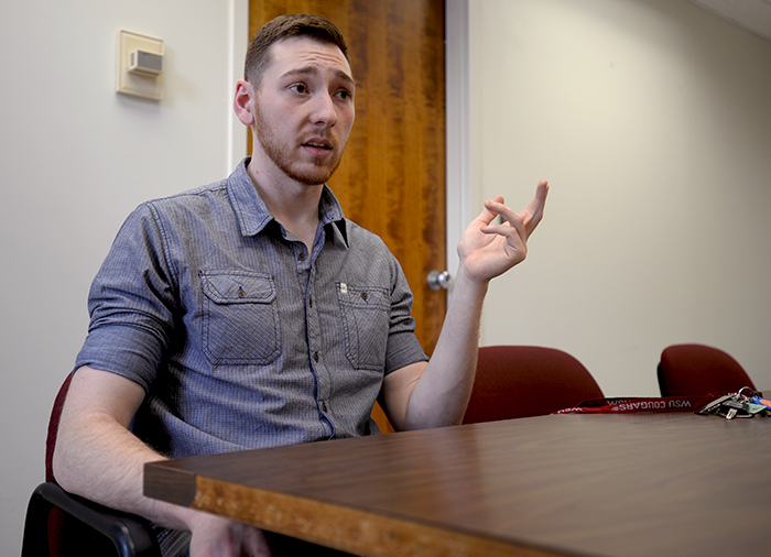 WSU alumnus Matthew Sutherland discusses his campaign strategies in Murrow Hall on March 27.