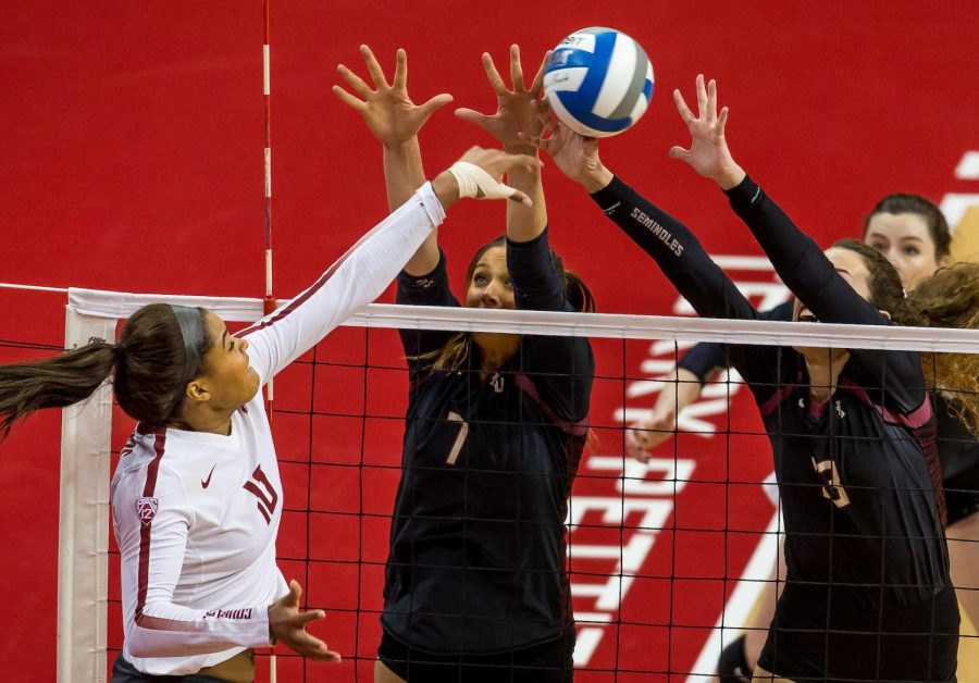 Then-Junior+outside+hitter+Taylor+Mims+spikes+the+ball+against+Florida+State+University+on+Dec.+1.