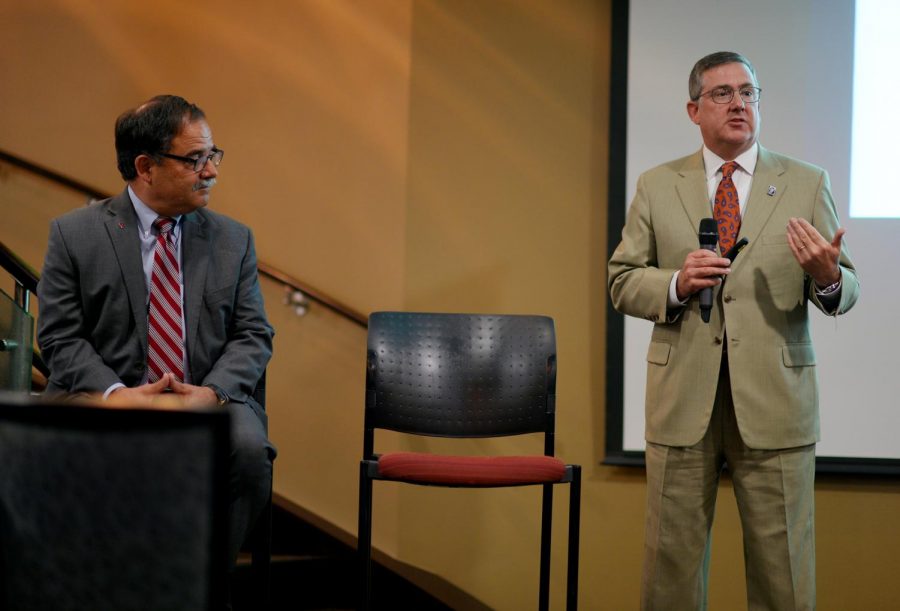 WSU Provost Dan Bernardo and WSU President Kirk Schulz speak at a “Drive to 25” Town Hall on Sept. 5. 
The administration has asked colleges across campus to reduce spending by 2.5 percent for the year.