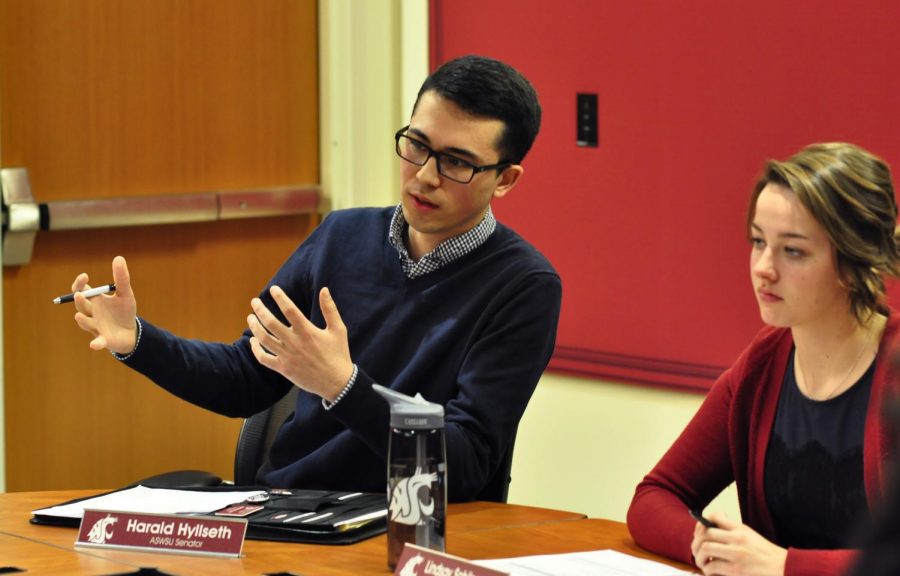 ASWSU Sen. Harald Hyllseth, left, author of the Student Media fee referendum, explained 
the importance of student journalism at the ASWSU meeting Wednesday.
