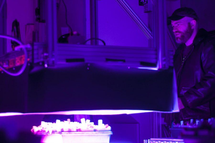 Magnus Wood scans plants with a Fluorescent imaging camera Wednesday at WSUs Phonemics Center. 