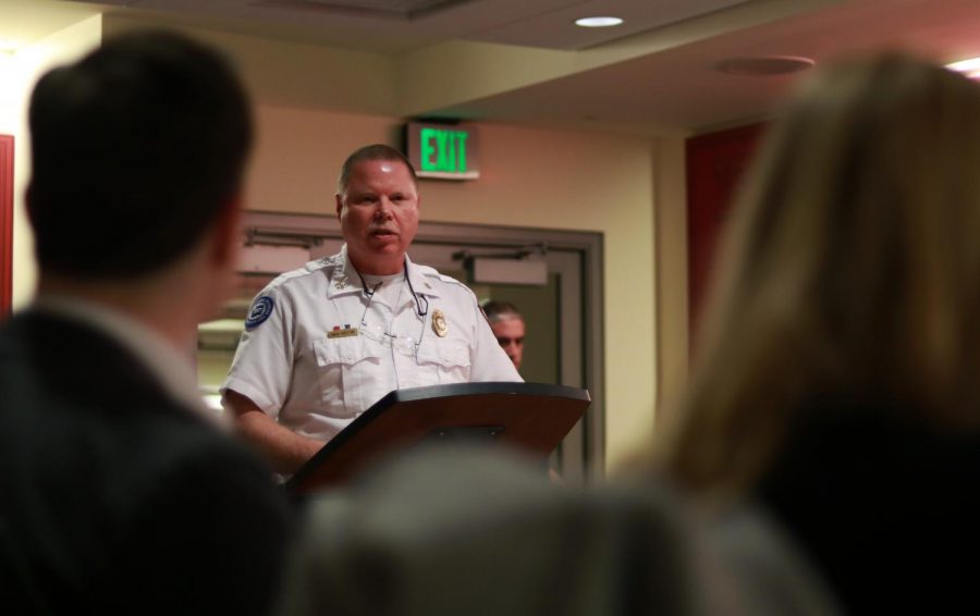 Pullman Fire Chief Mike Heston presents the fire department’s plans for 2018 to the ASWSU Senate on Wednesday in the CUB.