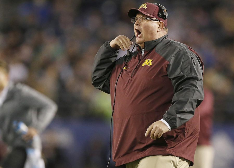 Former Minnesota head coach Tracy Claeys disputes a call during the second quarter against Washington State during the Holiday Bowl at Qualcomm Stadium in San Diego on Tuesday, Dec. 27, 2016. Minnesota won, 17-12. 